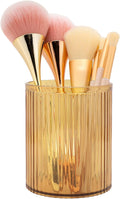 DASITON Makeup Brush Holder Organizer, Acrylic Makeup Brush Cup, Vintage Striped Make Up Brush Holder for Vanity, Bathroom Countertop, Toothbrush Holders, Pen Holder for Desk Storage (Yellow)