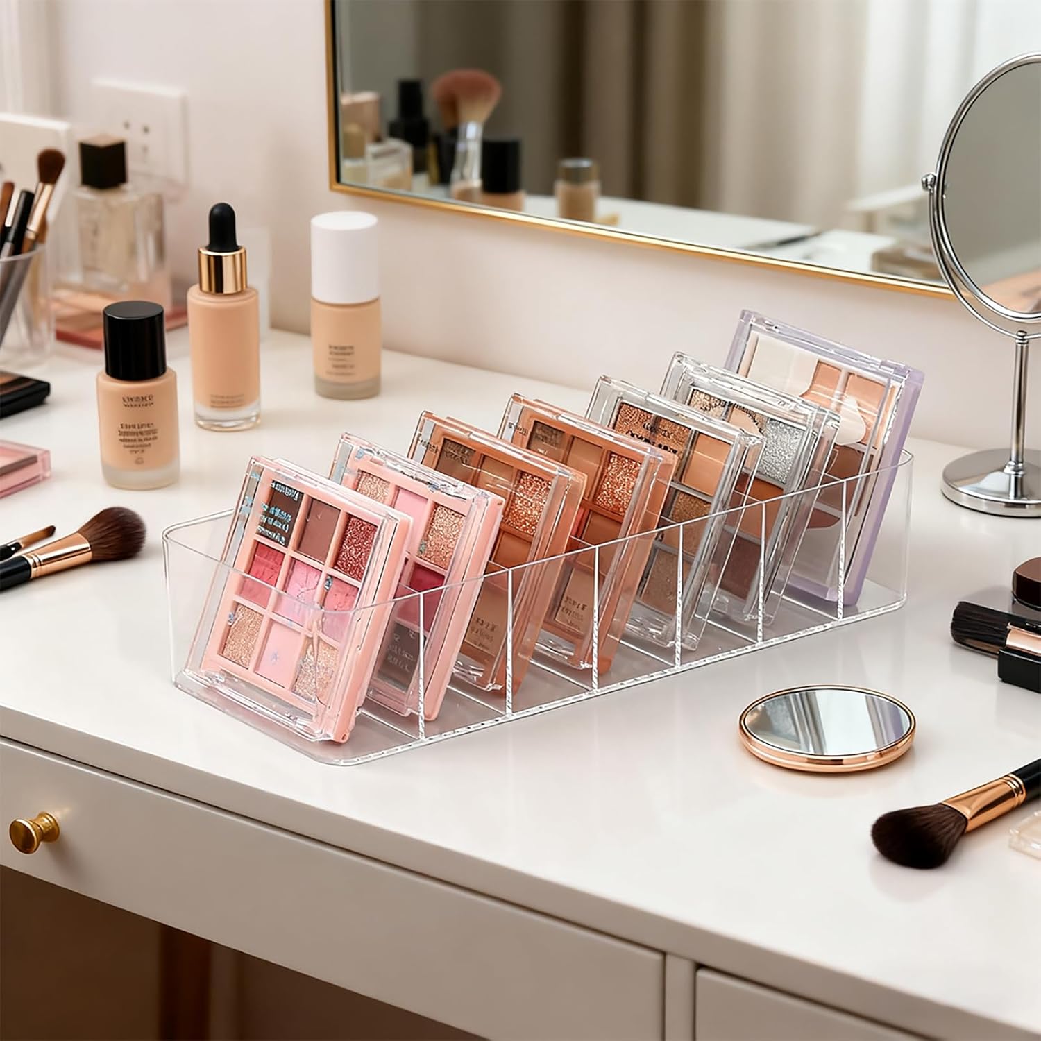 2 Pack Clear Acrylic Makeup Organizers, 7-Section Bathroom Organizer for Drawer, Cosmetic Display Cases, Blushes Highlighters Eyeshadow Powder Makeup Organizer Holder Storage