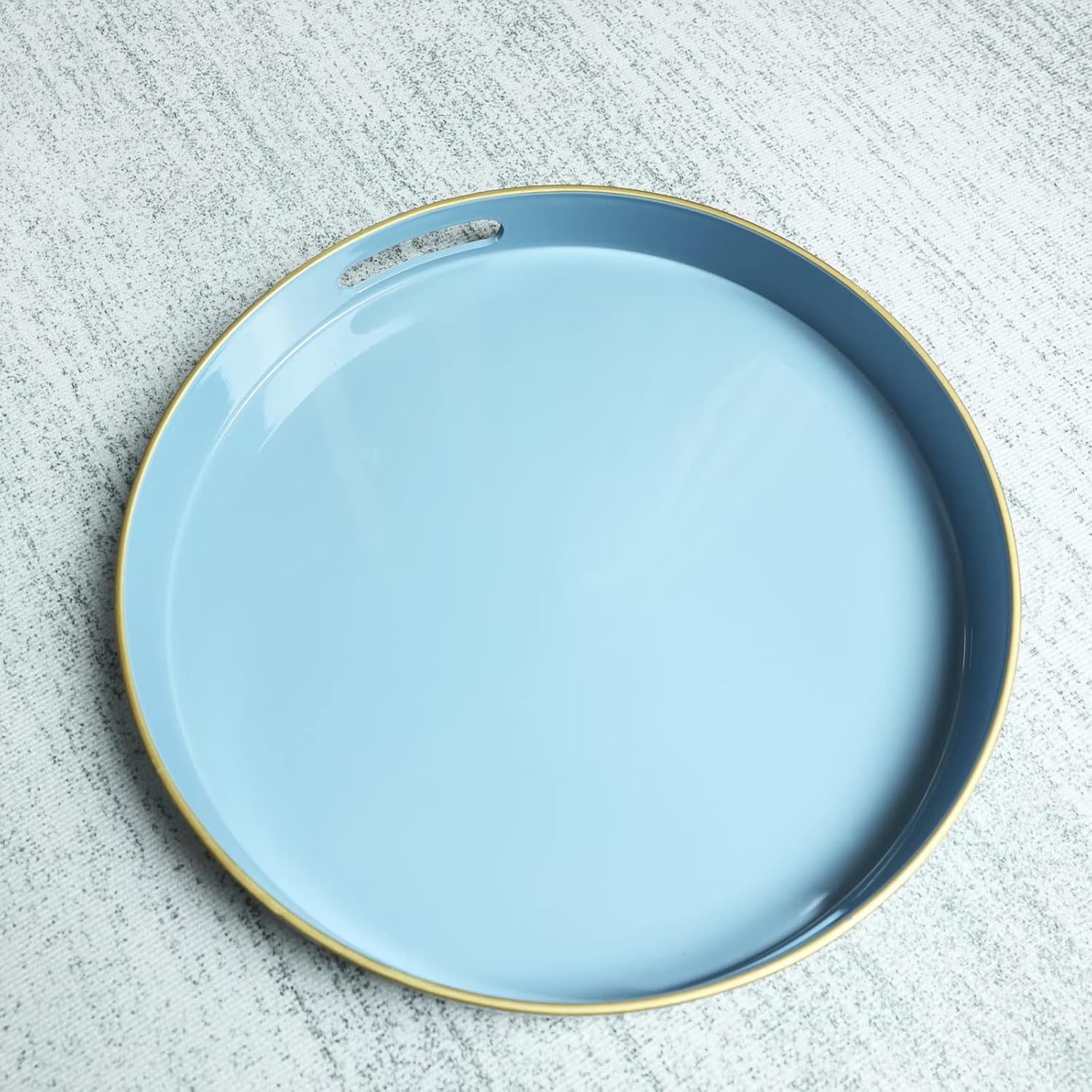 Spsyrine Round Blue Decorative Tray, 13" Plastic Serving Table Tray with Handles for Breakfast, Ottoman, Coffee Table, Bathroom, Kitchen, Living Room
