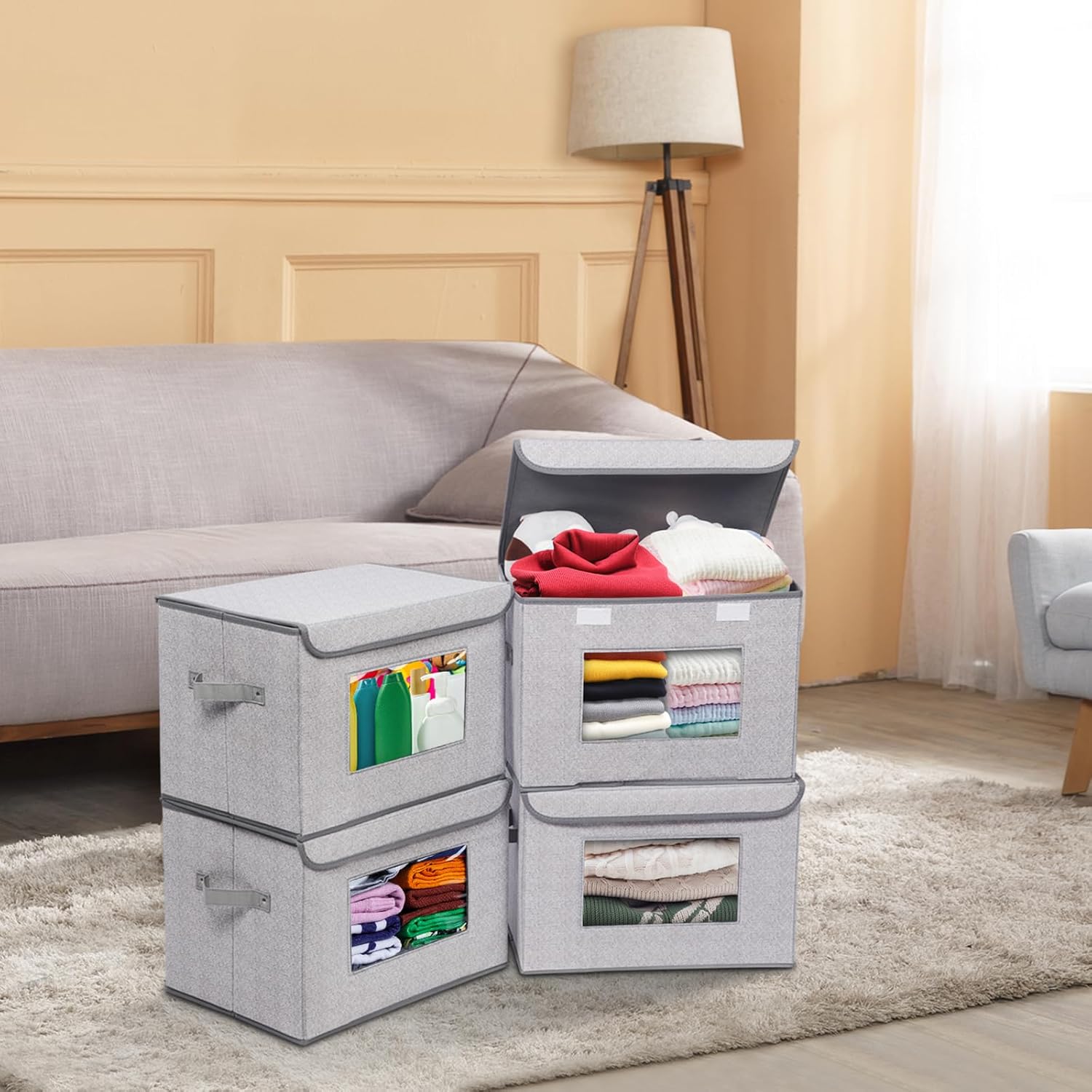 Univivi Fabric Foldable Storage Boxes [4-Pack] Large Collapsible Stackable Storage Bins with Lids, Closet Organizers and Storage Cube Basket for Home, Office, Bedroom (Gray, 17“ x 12” x 12")