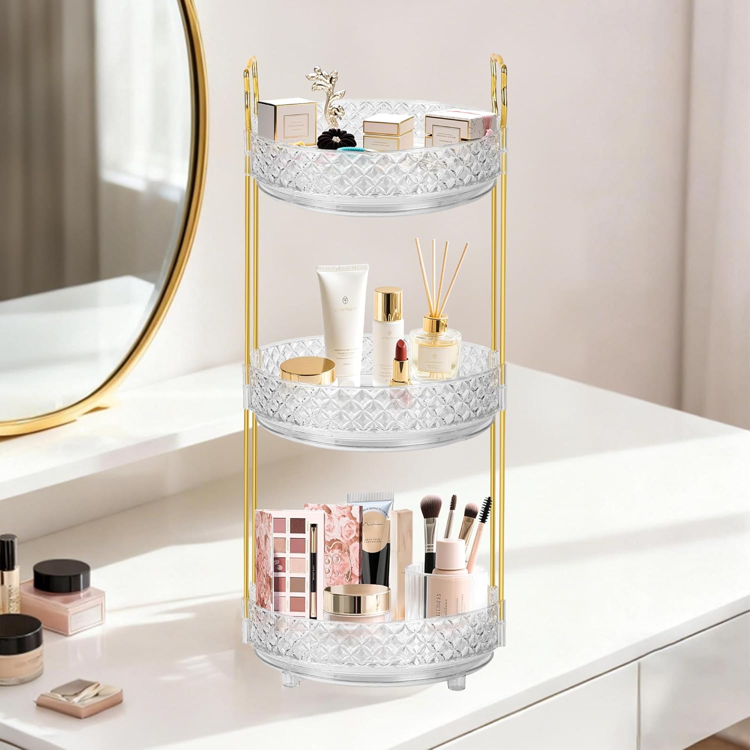 360 Rotating Rotating Makeup Organizer for Vanity, 3 Tier Perfume Skincare Organizers and Storage for Bathroom Countertop, Clear Spinning Counter Cosmetic Holder for Dresser,Clear