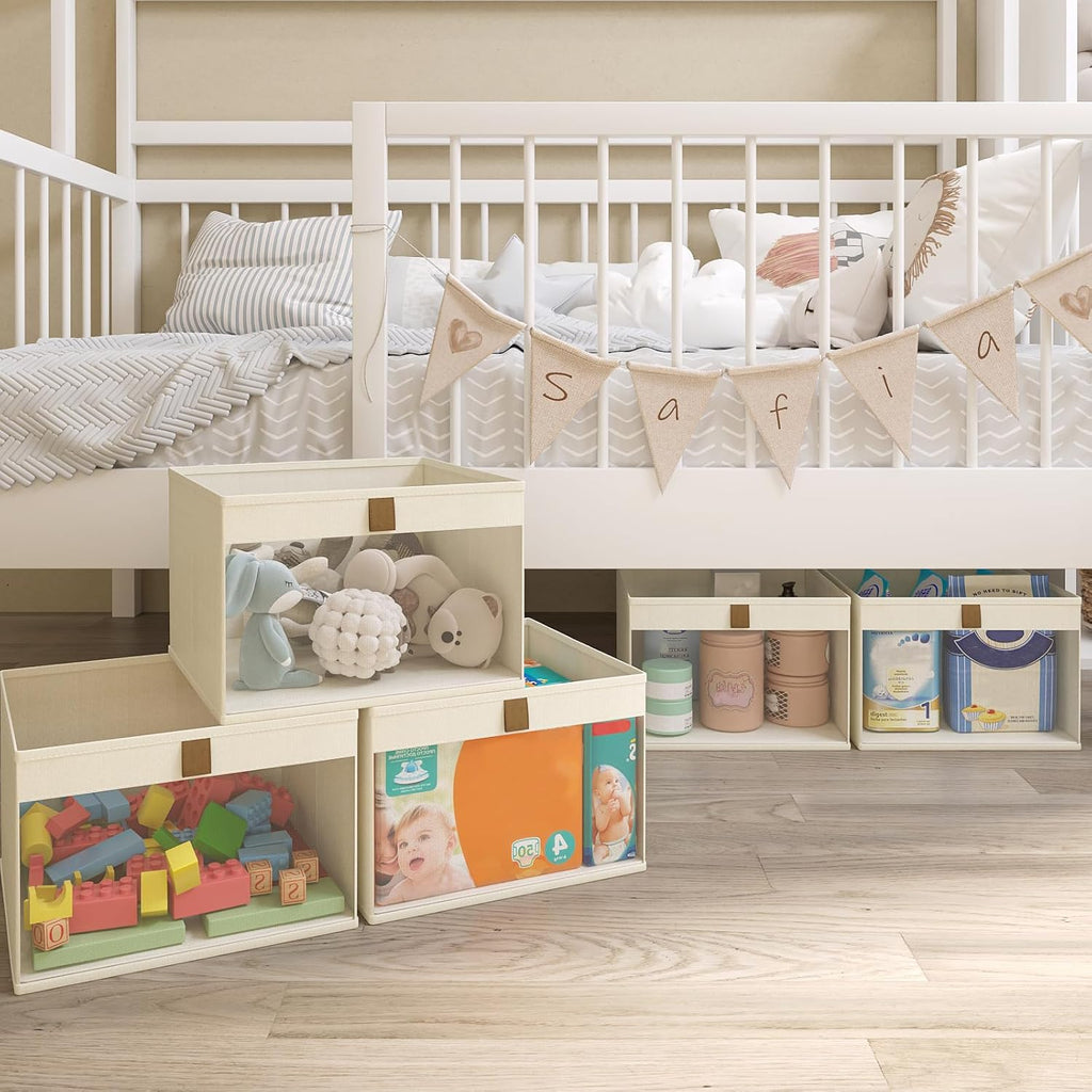 Linen Closet Organizers and Storage, Closet Storage Bins Basket Organizer, Foldable Organization Baskets with Mesh Window for Clothes Towels and Toys, 10.75" x 10.75" x 7.5", Beige, 4 pack