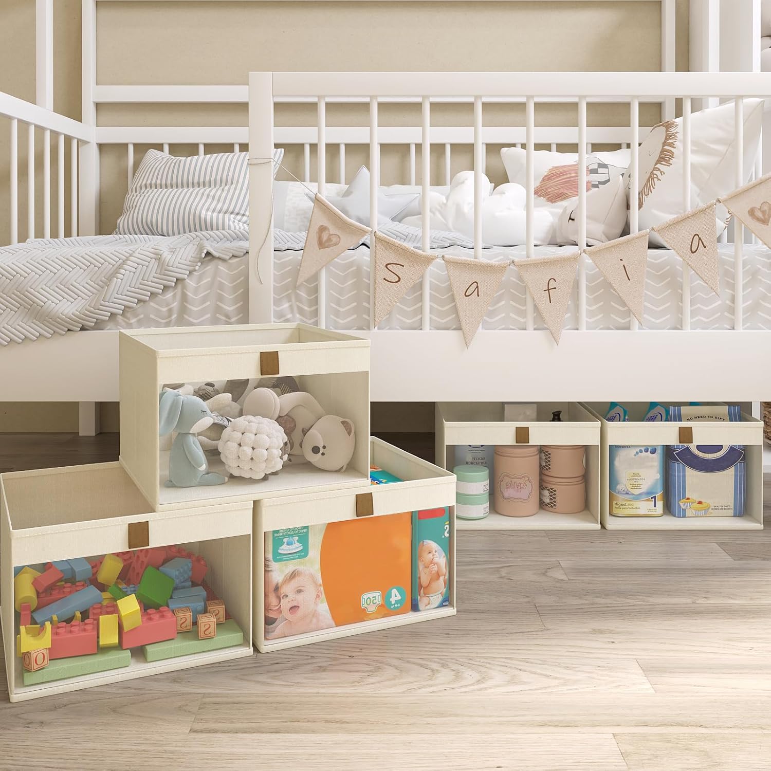 Linen Closet Organizers and Storage, Closet Storage Bins Basket Organizer, Foldable Organization Baskets with Mesh Window for Clothes Towels and Toys, 12.75" x 12.75" x 9", Beige, 2 pack