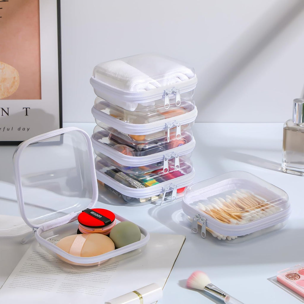 Sanwuta 6 Pcs Clear Hard Zipper Case Hard Plastic Zipper Pouches Transparent Makeup Bag Pencil Pouches for Travel Snacks Christmas Trinket Storage Organizer Box(White,5 x 5 x 2 Inch)