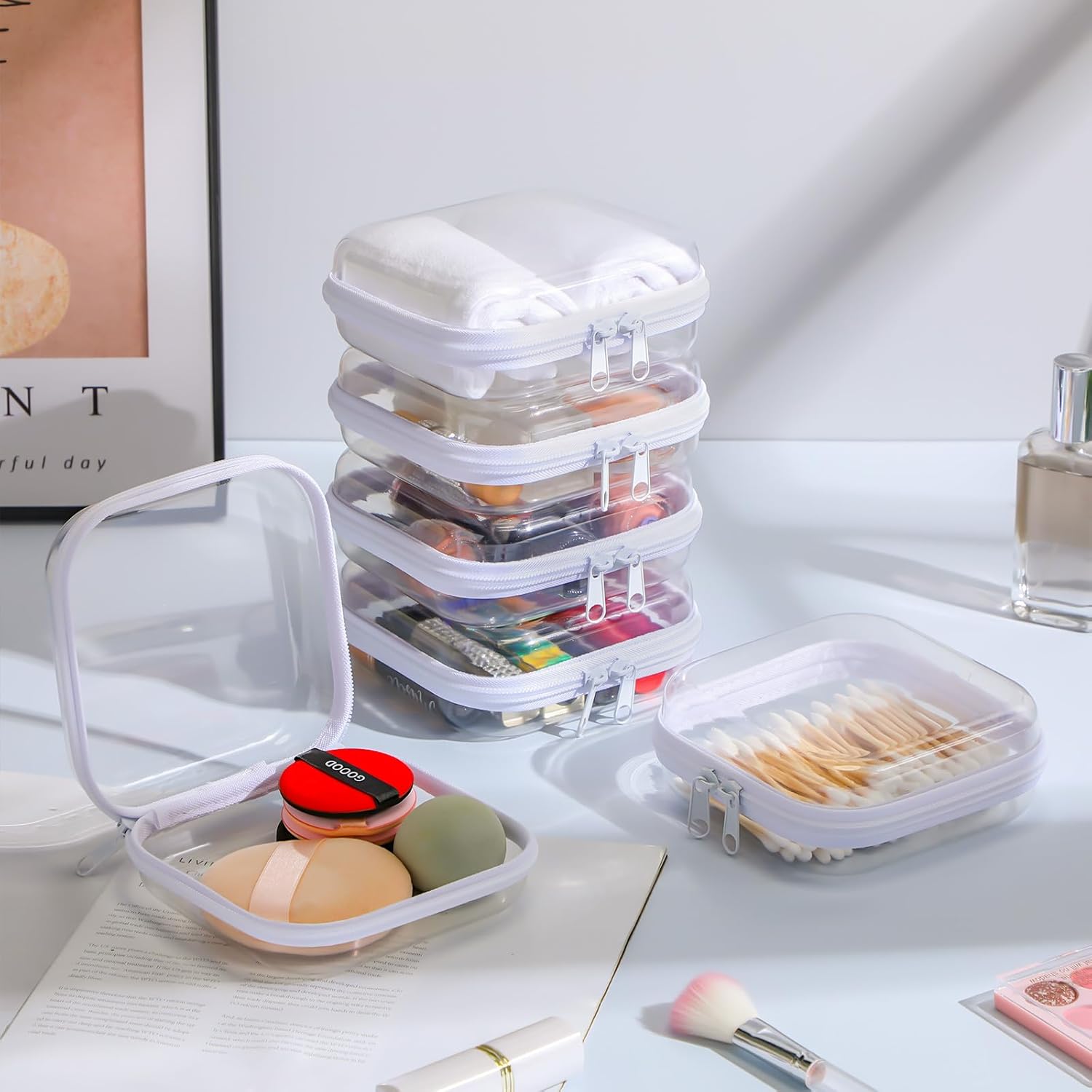 Sanwuta 6 Pcs Clear Hard Zipper Case Hard Plastic Zipper Pouches Transparent Makeup Bag Pencil Pouches for Travel Snacks Christmas Trinket Storage Organizer Box(White,5 x 5 x 2 Inch)