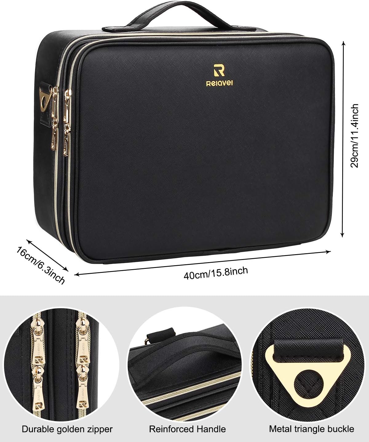 Relavel Makeup Case Large Makeup Bag Professional Train Case 16.5 inches Travel Cosmetic Organizer Brush Holder Waterproof Makeup Artist Storage Box, 3 Layer Large Capacity, with Adjustable Strap