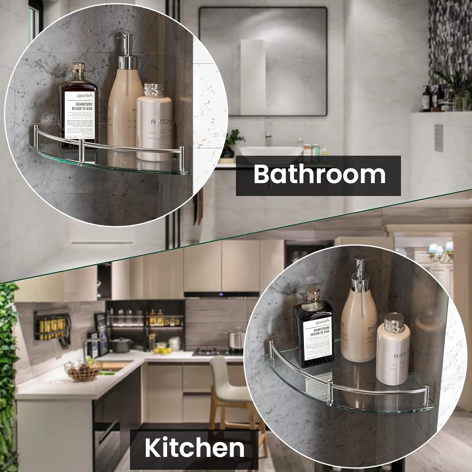 Glass Corner Shelves Tempered Bathroom Eestantes para Baños with Rail Wall Mounted Drill Hole for Corner Shower Shelf for Inside Shower 2 Pack（Sliver）