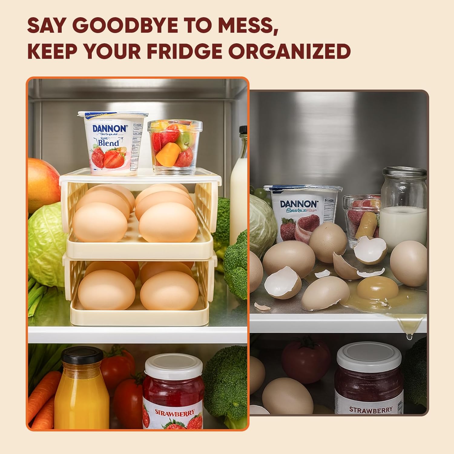 Automatic Rolling Egg Holder for Refrigerator, 2-Pack Stackable Egg Storage Containers, Smooth Glide Track, Steady Base & Dishwasher Safe