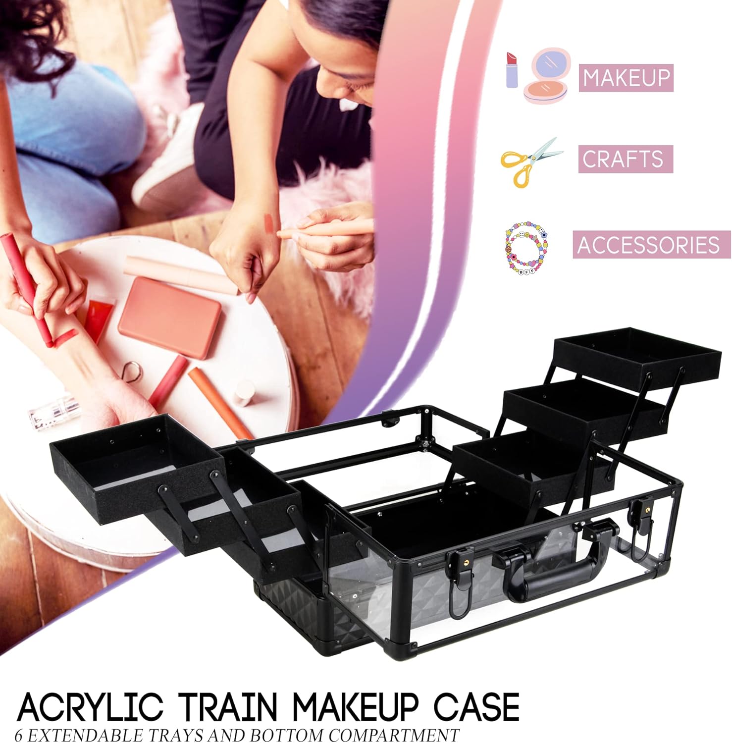 Ver Beauty Makeup Train Case 14 inch Armored Acrylic Large Portable Cosmetic Case 6 Trays Professional Storage Organizer Box Make Up Artist Jewelry Nail Kits Crafts Display Brush Holder- Black