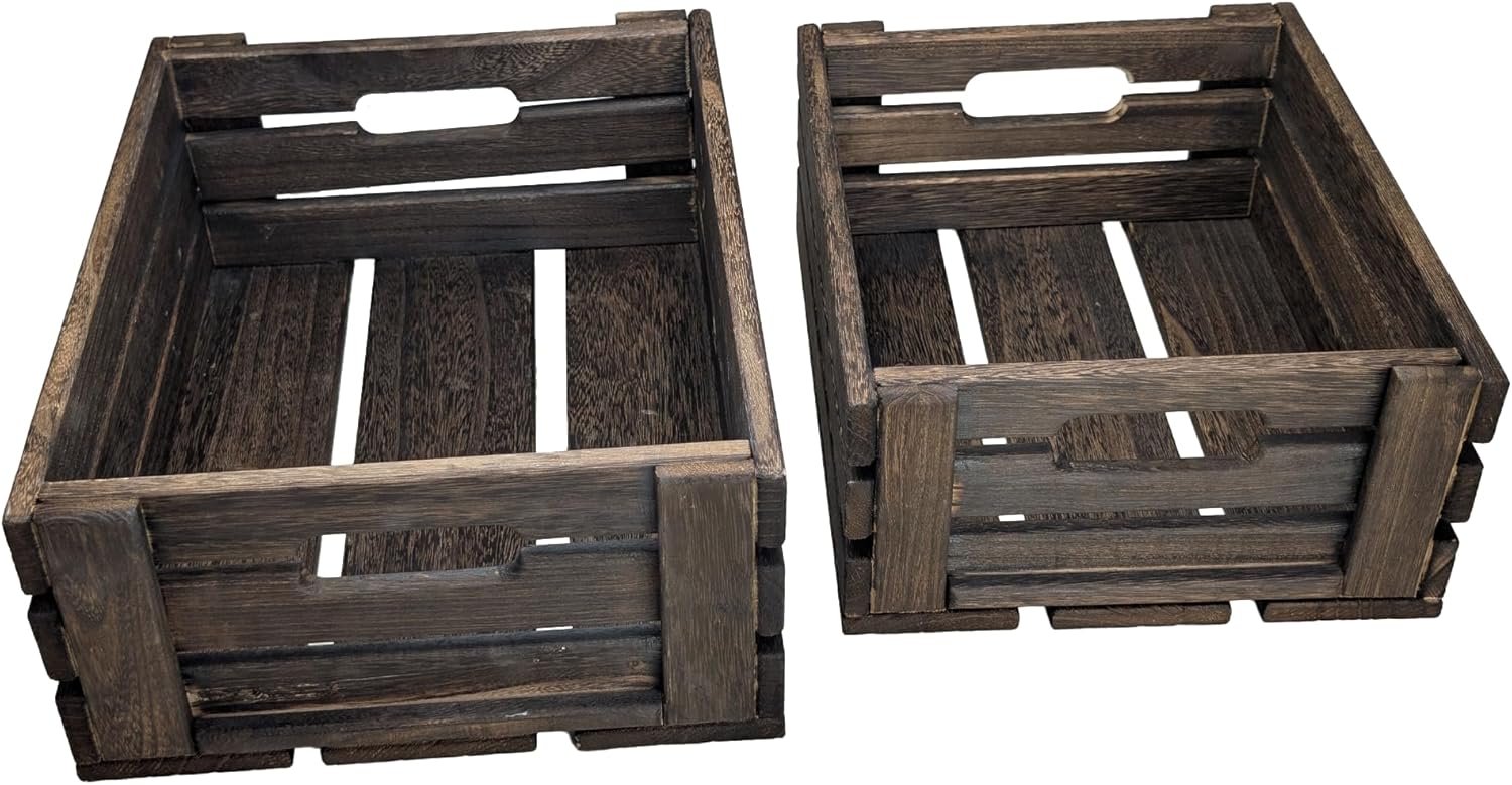 ARTAWEIN Rustic Vintage Finished Wooden Crate with Handles - Nesting Storage, Display, Organization Crate for Party, Office, Bedroom, Kitchen and Closet (Rustic Black set of 2)