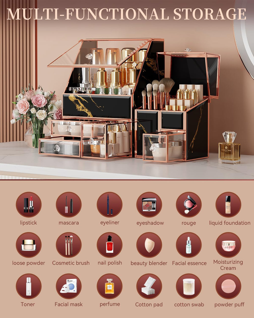 Makeup Organizer Black,Glass Vanity Organizer for Skincare, Perfume, Brushes & Lipsticks – Countertop Makeup Storage Box for Women, Bathroom or Dresser