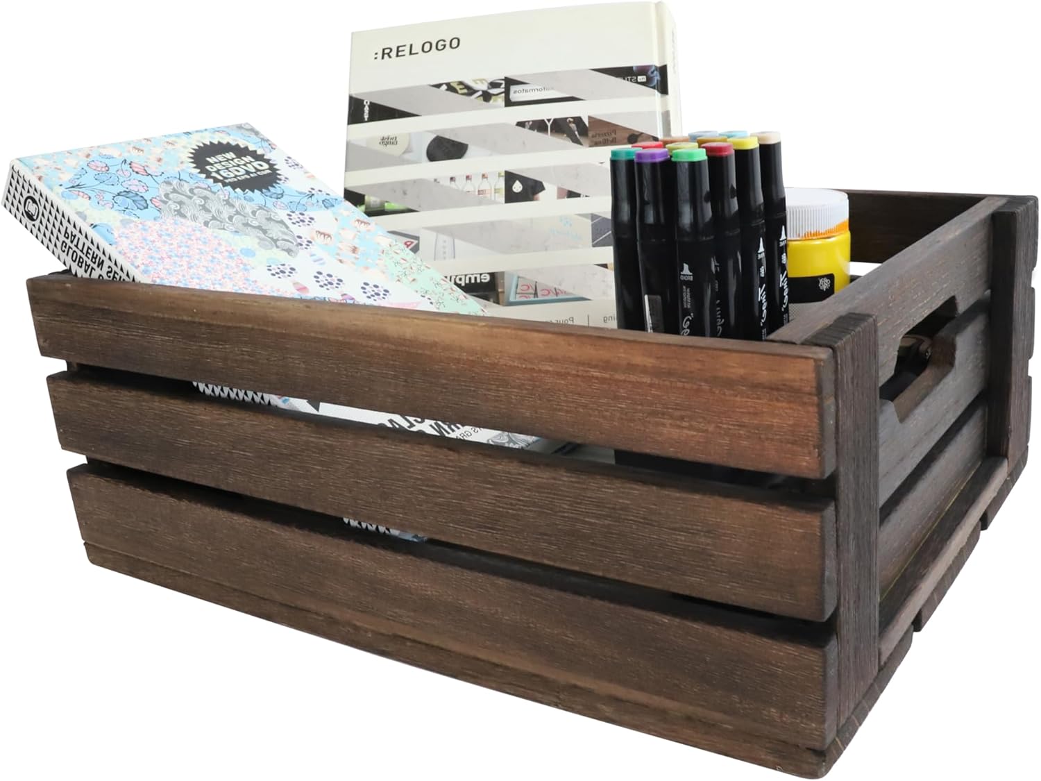 ARTAWEIN Rustic Vintage Finished Wooden Crate with Handles - Nesting Storage, Display, Organization Crate for Party, Office, Bedroom, Kitchen and Closet (Rustic Black set of 2)