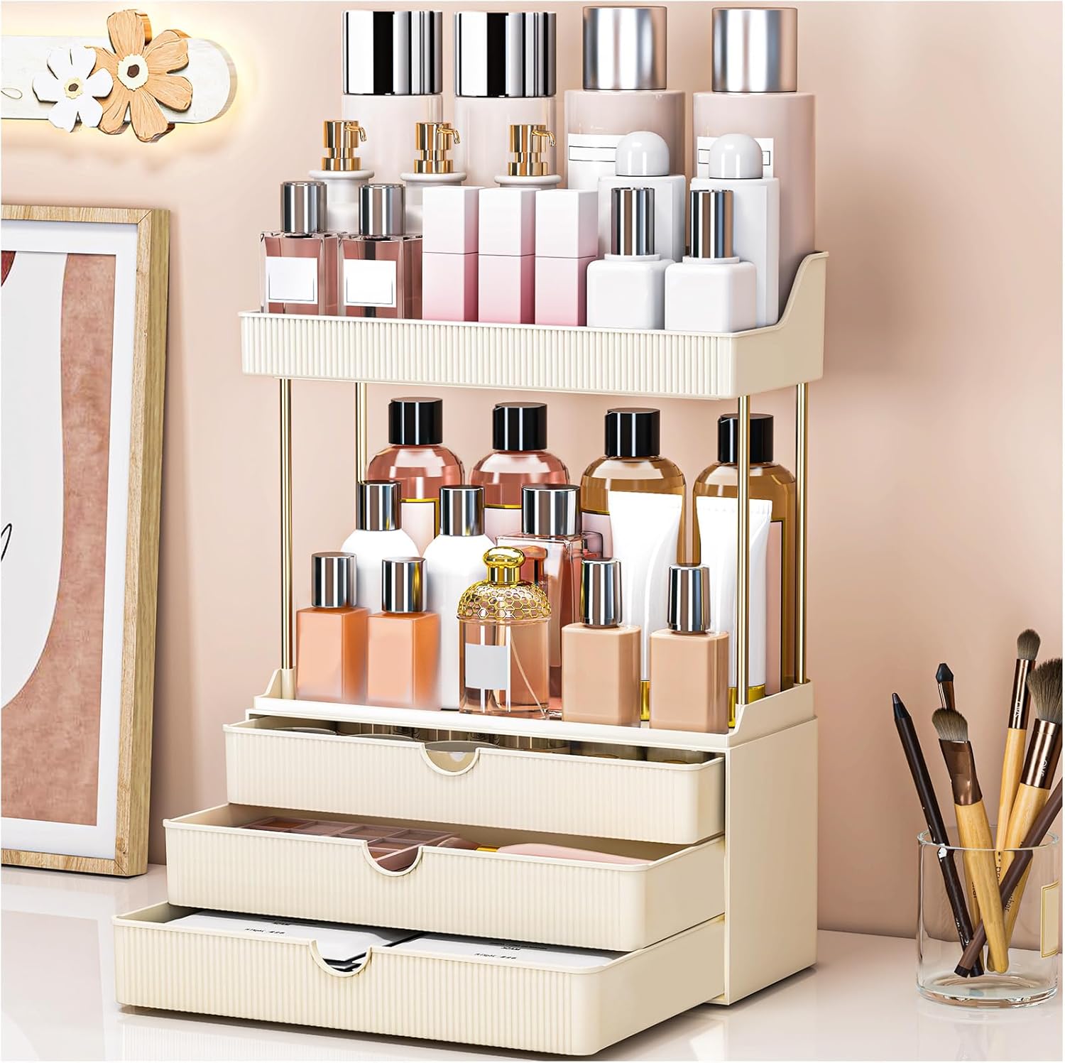 Bathroom Organizers and Storage - 3 Drawers 2 Tier Makeup Organizer, Cosmetic Storage Drawer for Dresser Countertop and Bathroom Vanity for Large Skincare, Perfume, Cream White