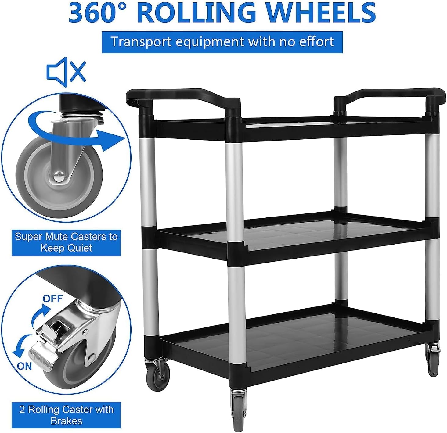 3-Shelf Service Cart，42" Wx20 Dx39 H，360 Lbs Heavy Duty Utility Cart ，Rolling Cart with Lockable 360° Swivel Wheels for Foodservice, Restaurant & Cleaning，Black