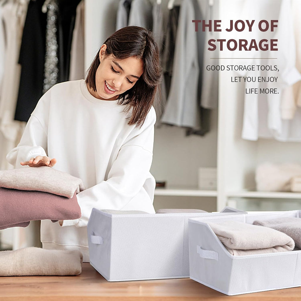 Closet Baskets for Shelves - Decorative Storage Baskets with Handle, Trapezoid Closet Bins for Organization, Shelf Storage Bins for Clothes, Books, Home, Office, 8 Pack, White