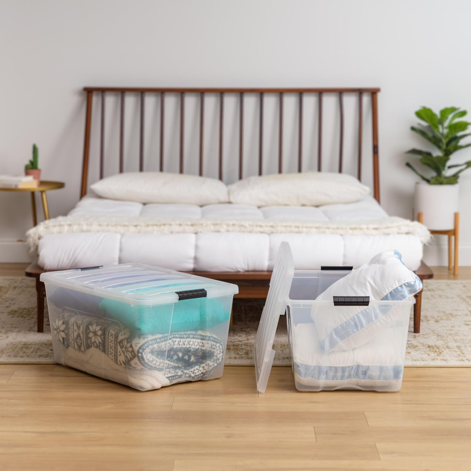 IRIS USA 94 Qt Stackable Plastic Storage Bins with Lids, 4 Pack - BPA-Free, Made in USA - See-Through Organizing Solution, Latches, Durable Nestable Containers, Secure Pull Handle - Clear