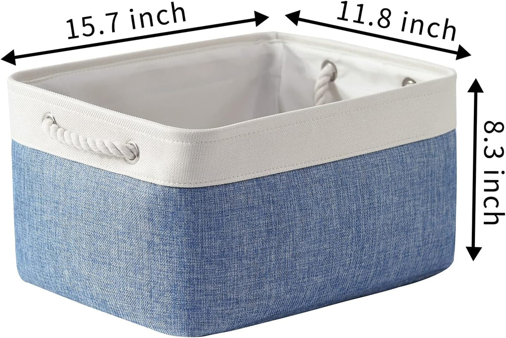 TcaFmac Storage Basket for Organizing - Large 4 Pack Fabric Storage Bins Baskets for Shelves with Ropes, Foldable Storage Cubes for Closet Cloth Toy (White & Blue16x12x8 inch)