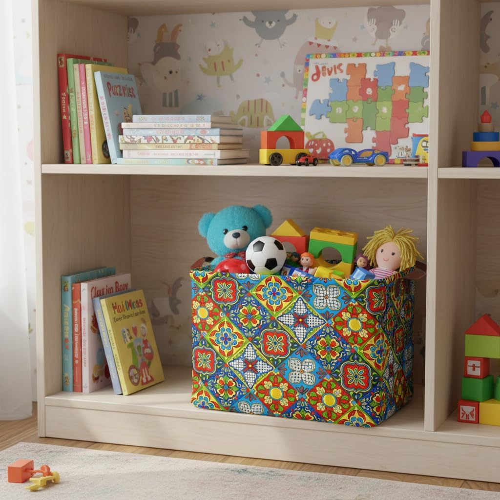Mexican Talavera Decor Storage Basket Waterproof Canvas Toy Storage Bin Mexican Decor For Home Collapsible Outdoor Basket with Leather Handles Mexican Gifts Blanket Baskets For Closets,Bedrooms
