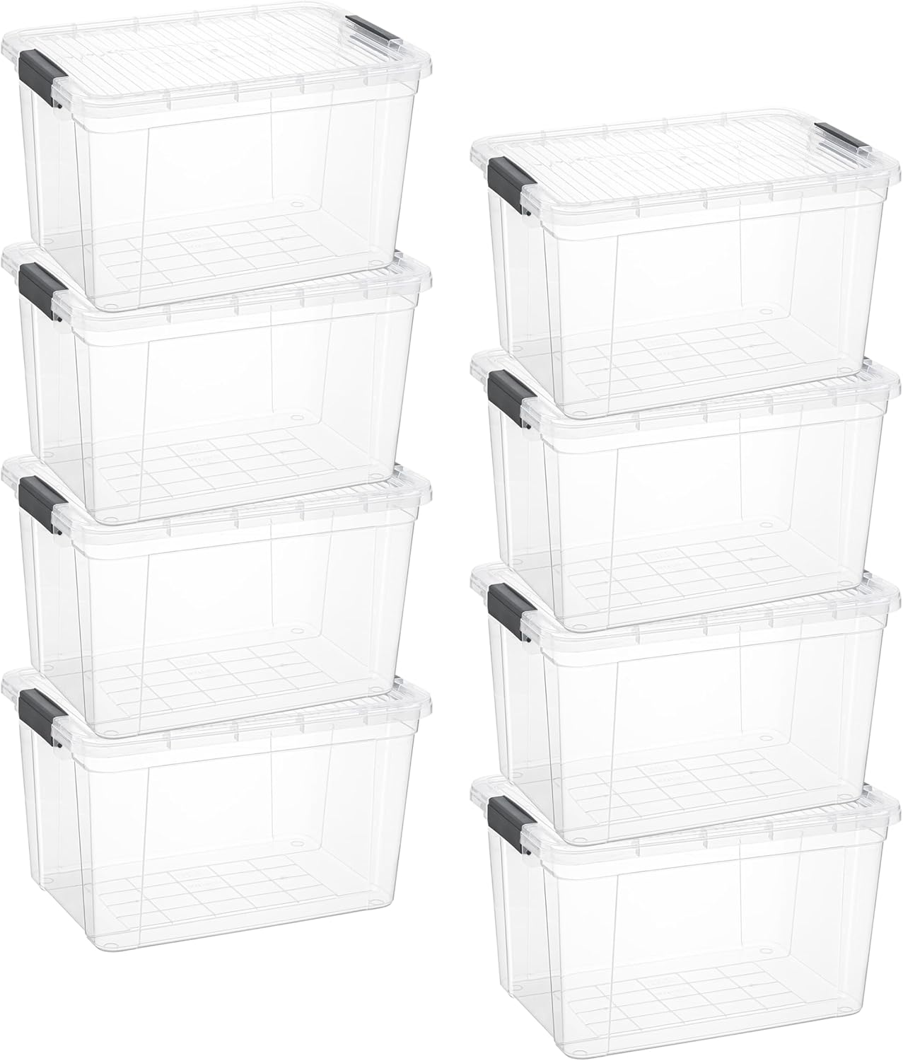Superio Clear Storage Boxes with Lids, 26 Quart Plastic Container Bins for Organizing, Stackable Crates, BPA Free, Non Toxic, Odor Free, Organizers for Home, Office and Dorm, 8 Pack