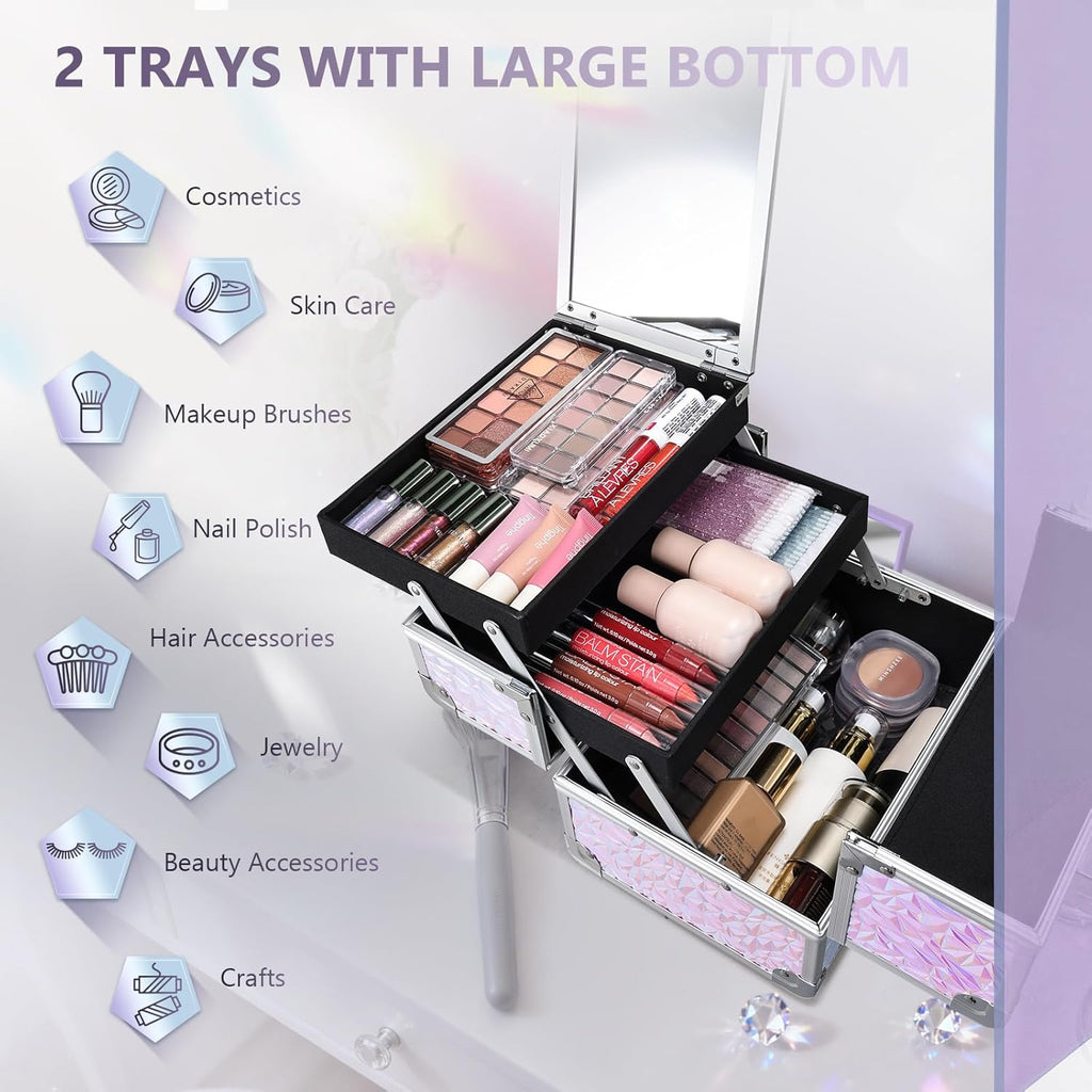 Joligrace Makeup Train Case Makeup Case Organizer Portable Cosmetic Box Storage with 2 Trays Mirror Locking with Keys Make Up Travel Case Nail Kits Traveling Makeup Box Shiny Purple