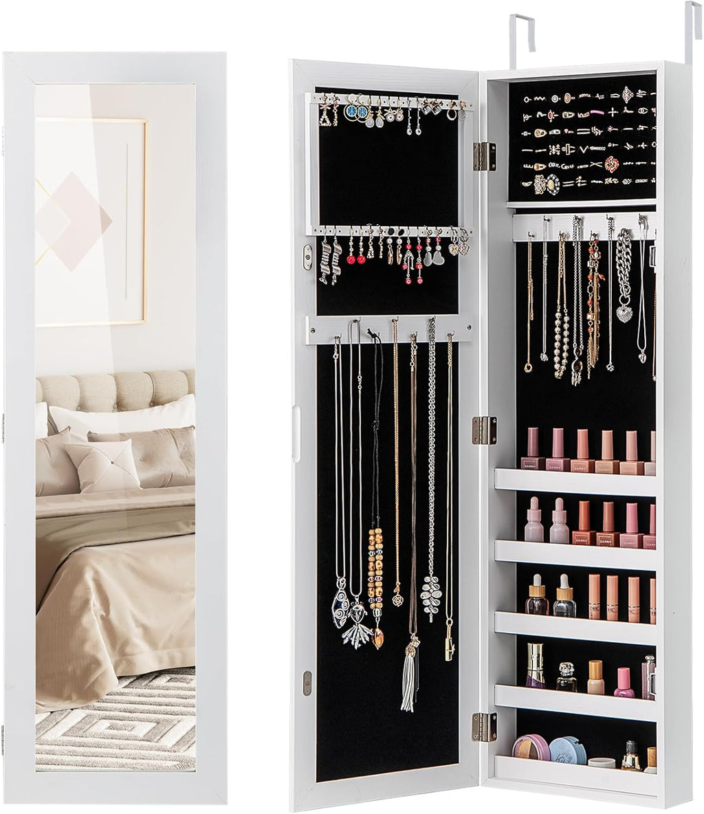 LOKO 42” Mirrored Jewelry Cabinet, Wall/Door Mounted Hanging Jewelry Armoire Organizer with Full-length Mirror, Soft Lining, 5 Storage Shelves for Accessories & Cosmetics, Christmas Gift (White)