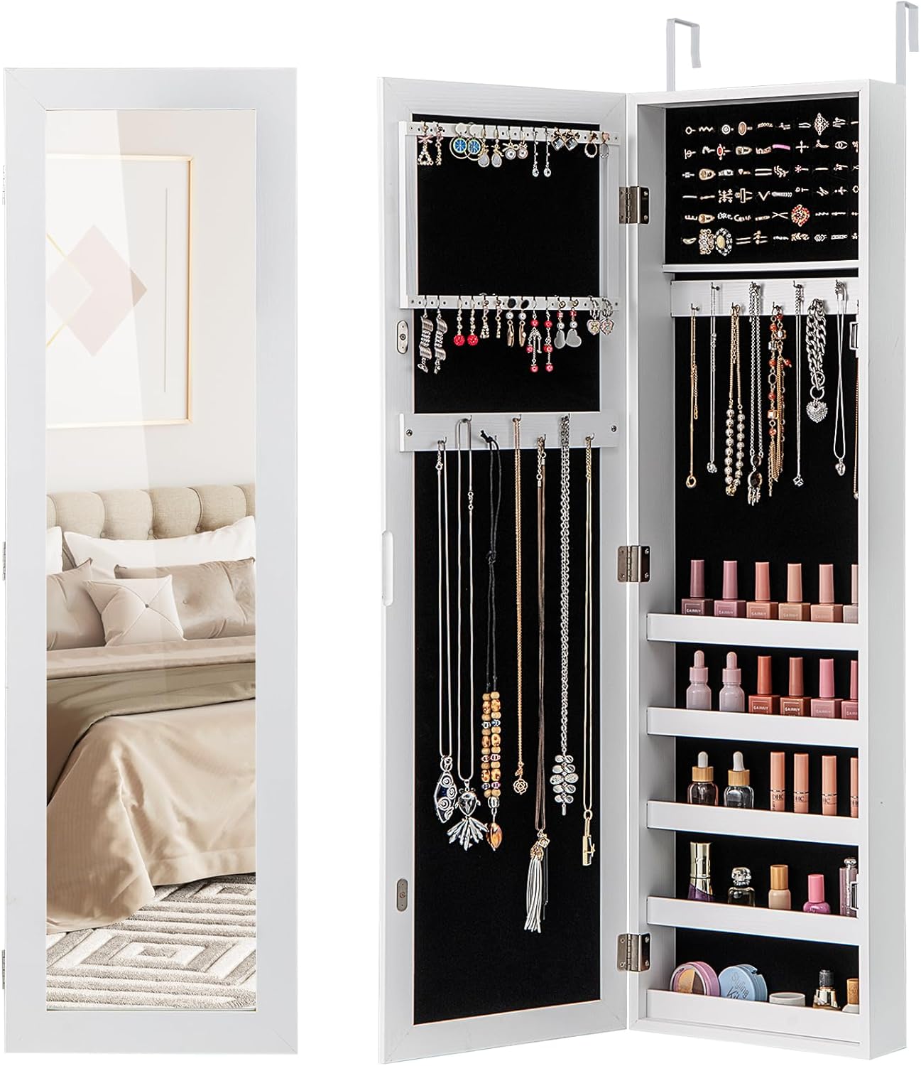 LOKO 42” Mirrored Jewelry Cabinet, Wall/Door Mounted Hanging Jewelry Armoire Organizer with Full-length Mirror, Soft Lining, 5 Storage Shelves for Accessories & Cosmetics, Christmas Gift (White)