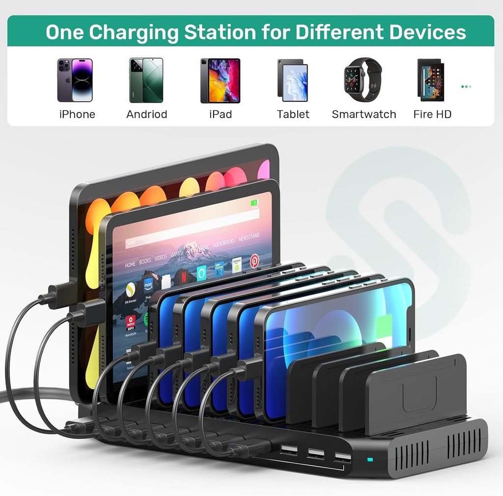 10-Port Multi Charging Station, 60W USB Tablet Charging Station for Multiple Devices, USB Charging Dock Multi Device Charger Organizer with Adjustable Dividers for Tablets, Smartphones