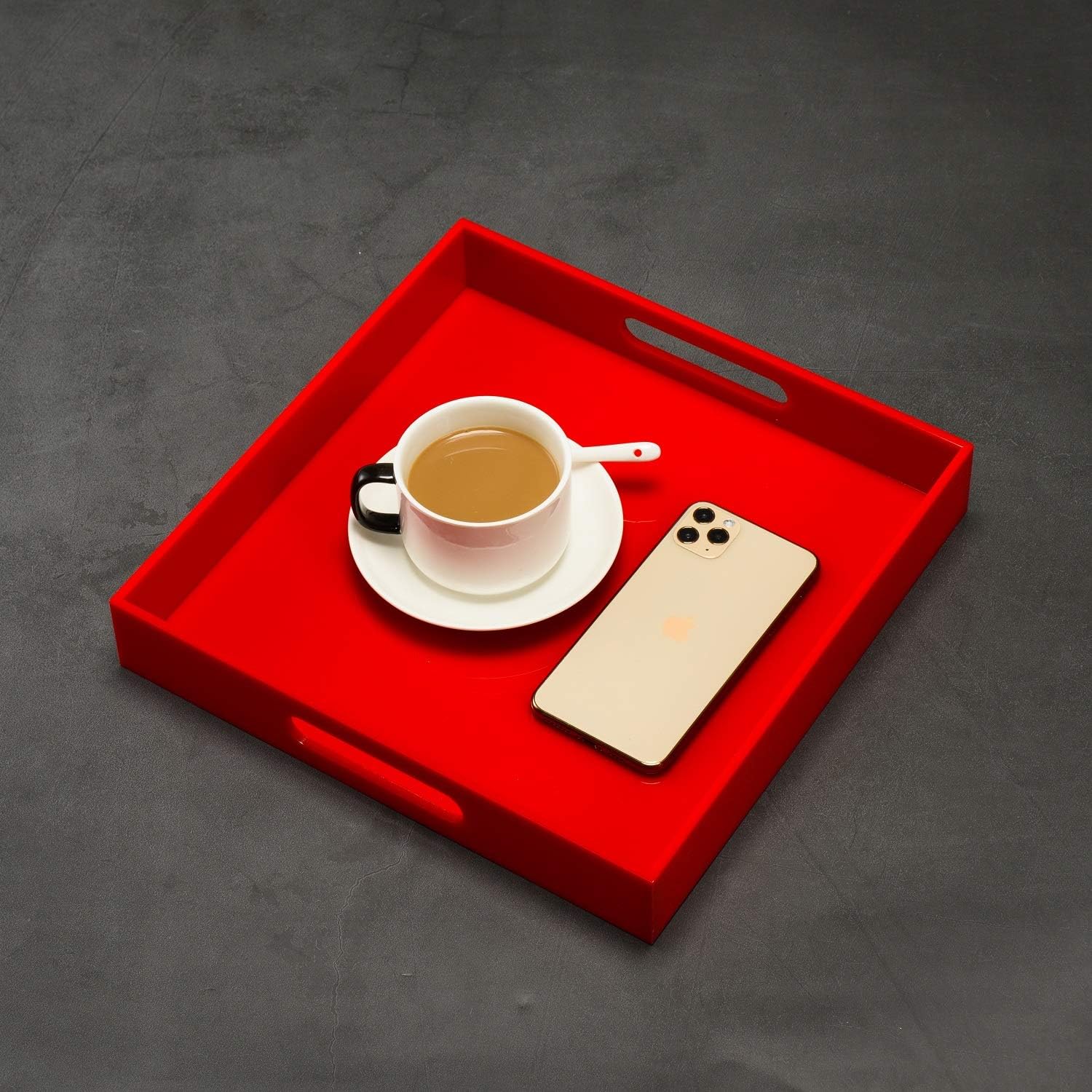 Sturdy Red Acrylic Serving Tray with Handles - 12x12 Inch - Coffee & Appetizer Platter - Kitchen Counter & Vanity Organizer