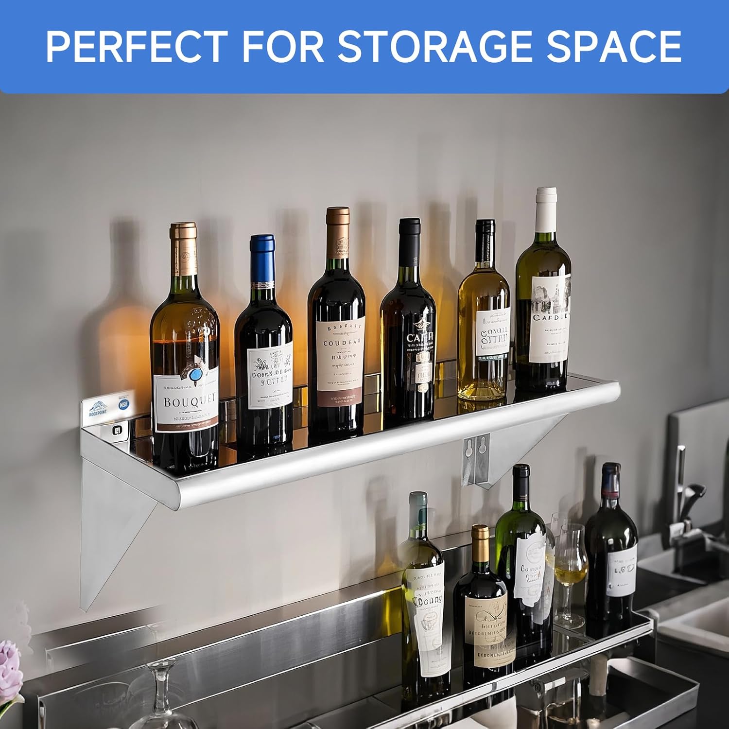 ROCKPOINT Stainless Steel Shelf 18 x 60 Inches 450lb, NSF Metal Commercial Shelves Wall Mount Floating Shelving with Backsplash for Restaurant, Kitchen, Home and Hotel, Silver