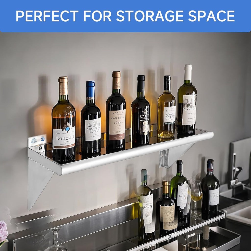 ROCKPOINT Stainless Steel Shelf 18 x 36 Inches 350lb, NSF Metal Commercial Shelves Wall Mount Floating Shelving with Backsplash for Restaurant, Kitchen, Home and Hotel, Silver