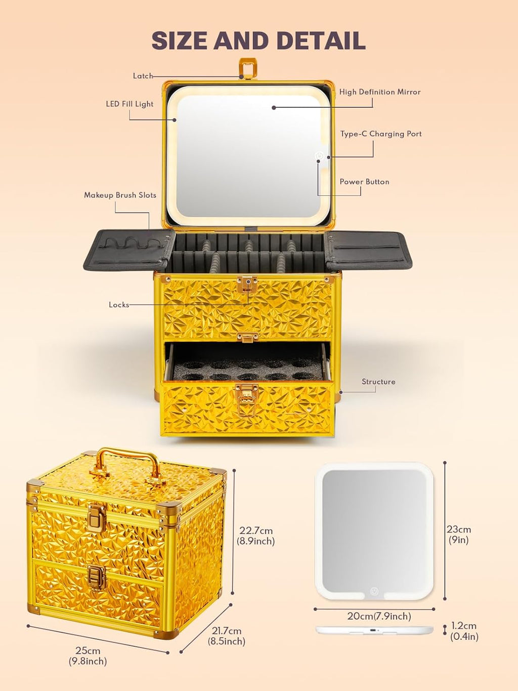 Qislee Makeup Box with Drawer and A Detachable Lighted Mirror, Waterproof Travel Train Case, Cosmetic Organizer and Makeup Suitcase with Adjustable Dividers, Magnetic LED Mirror (Luxury Gold)