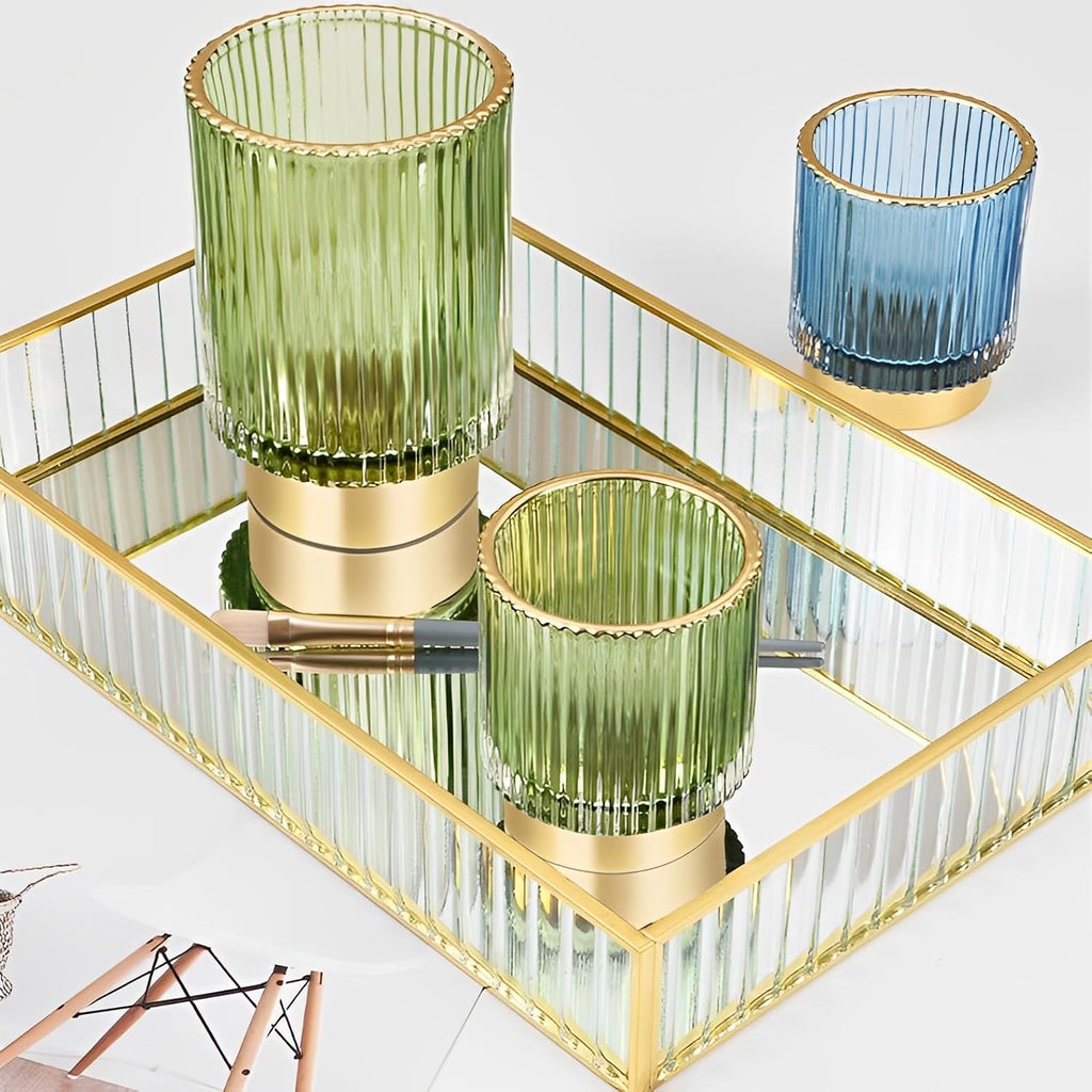 Makeup Brush Holder Organizer, Heavy Crystal Glass Brush Storage Holder, Vintage Cosmetic Make Up Bathroom Brushes Cup Pen Pencil Toothbrush Holder Striped Vase (Large (green))