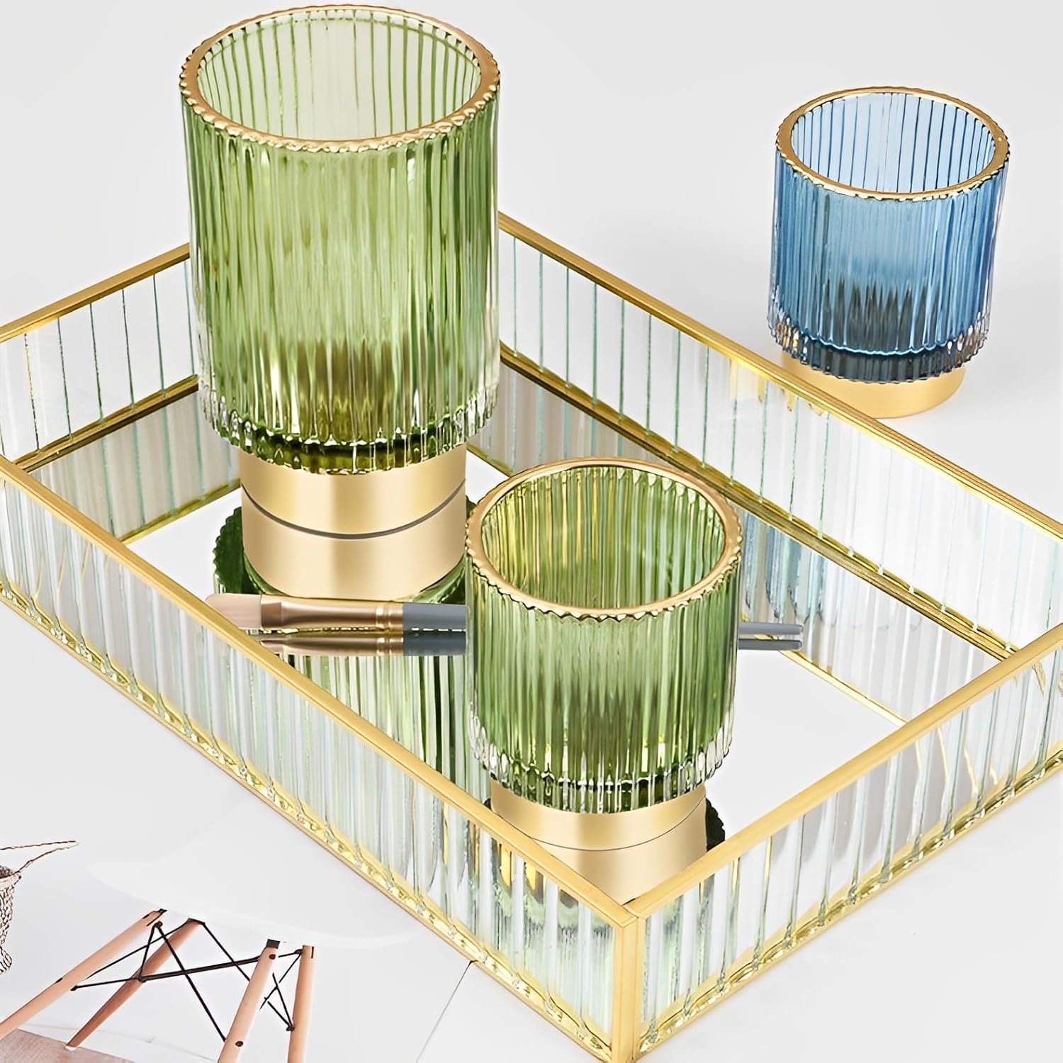 Makeup Brush Holder Organizer, Heavy Crystal Glass Brush Storage Holder, Vintage Cosmetic Make Up Bathroom Brushes Cup Pen Pencil Toothbrush Holder Striped Vase (S+L (green))