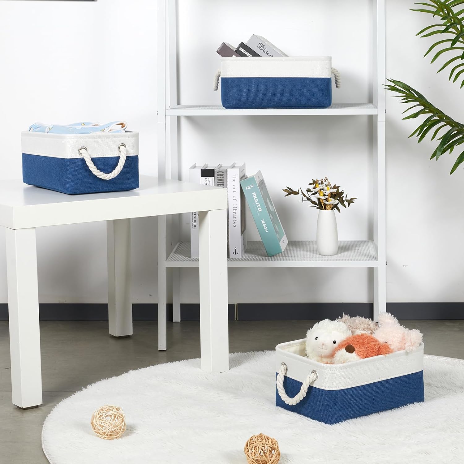 Bidtakay Small Storage Baskets for Shelves 3 Pack Fabric Storage Bins for Organizing Linen Collapsible Organizer for Closet-White&Blue