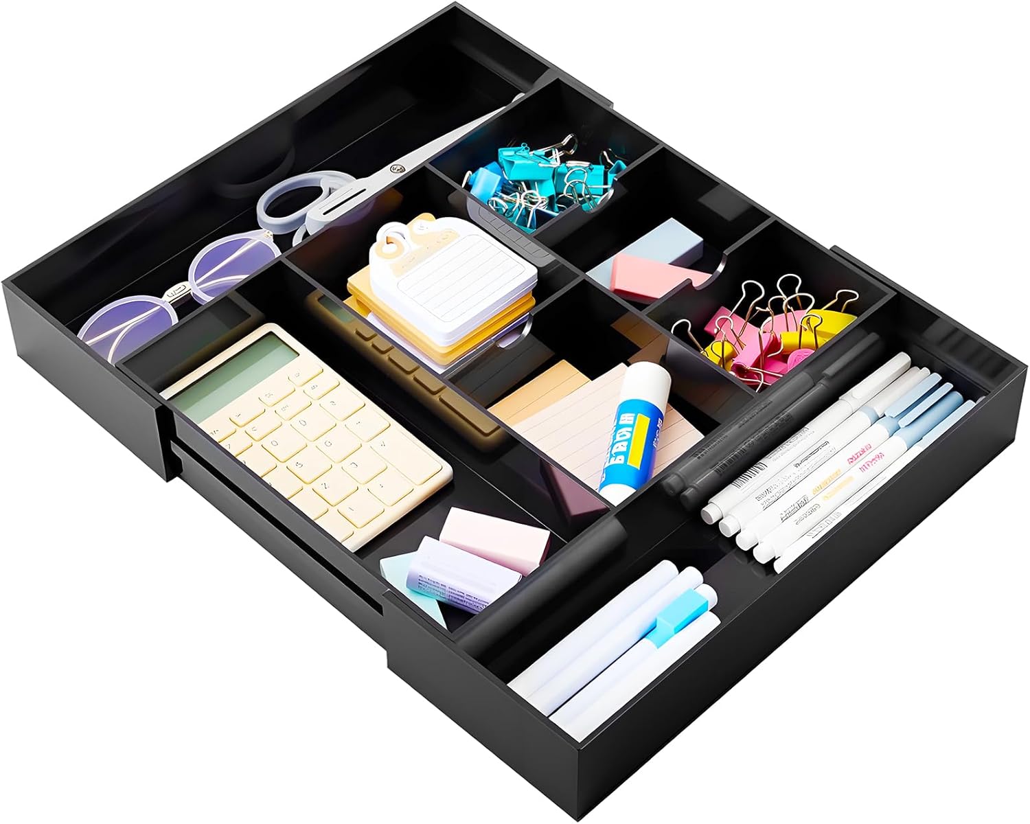 1 PC Acrylic Desk Drawer Organizer 2 Inch Height Expandable Drawer Organizer Trays with 8 Adjustable Compartments Desk Accessories for Makeup Silverware Office Bathroom(Black,Classic)