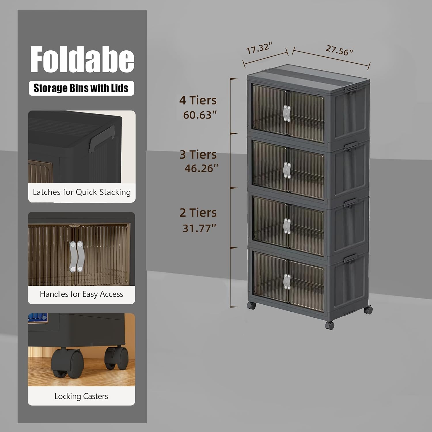 Stackable Storage Bins Wheel, Large Collapsible Closet Organizer with Lid, Foldable Storage Cabinet with Door, Plastic Folding Storage Boxes for Home, Pantry, Office (L, Gray 4-Tier)