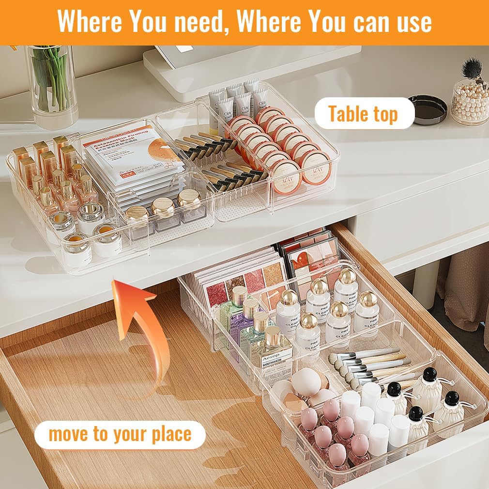 Expandable Drawer Organizer Tray from 11” to 19.1”, Adjustable Silverware in Drawer Holder, Clear Plastic Drawer Storage with Sliding Dividers for Utensil, Cosmetics, Toiletries, Offices