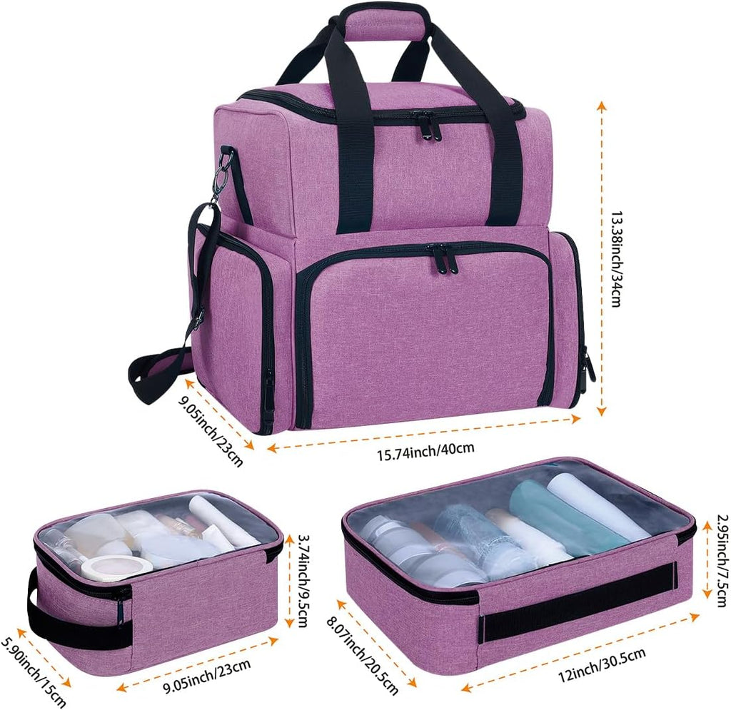 Large Makeup Cosmetic Bag with 3 Removable Case and 2 Removable Dividers Double Layer Travel Storage Organizer, Makeup Brushes Storage Section Purple