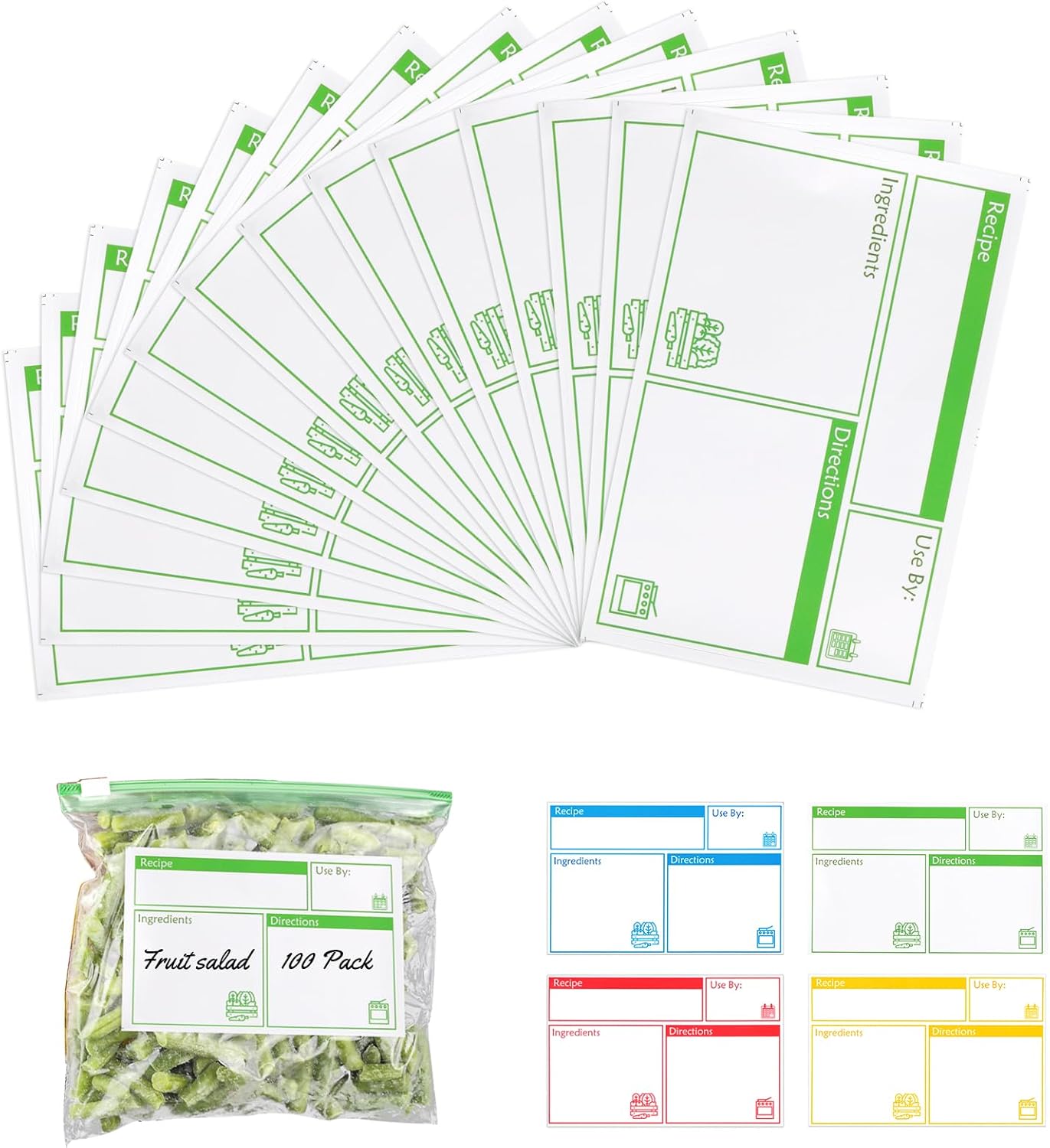 100pcs Labels for Freezer Bags Freezer Meal Labels with Instructions 3.2 X 5 inch Oil and Water Resistant Labels Food Labels for Freezer Storage for Leftovers in Fridge Freezer (Green)