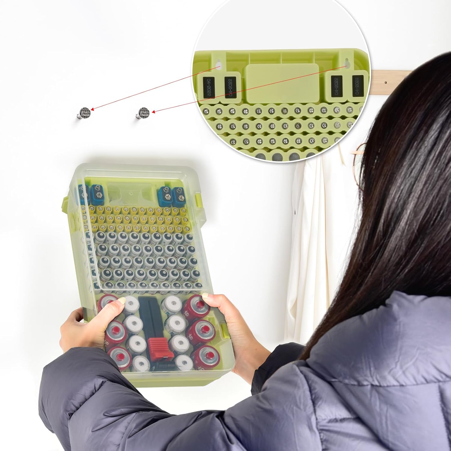 Battery Organizer Storage Case with Tester Checker. Batteries Holder Box Container for 120+ AA AAA 9V C D Lithium CR2025 CR1632 CR2032 Coin Cell Battery with Wall-Mounted Design -Green