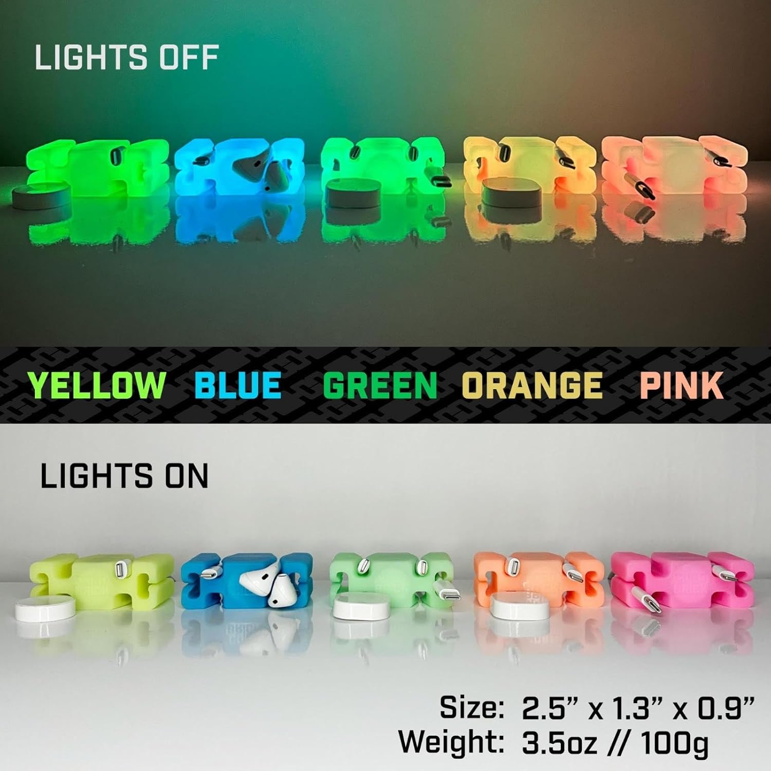 GlowBrick Stocking Stuffers for Adults Cord Management Weighted Cord Holder Cable Wrap Phone Stand - Glow-in-The-Dark Gadget Organizer for Nightstand. Gift for Men, Silicone. Glowing Orange