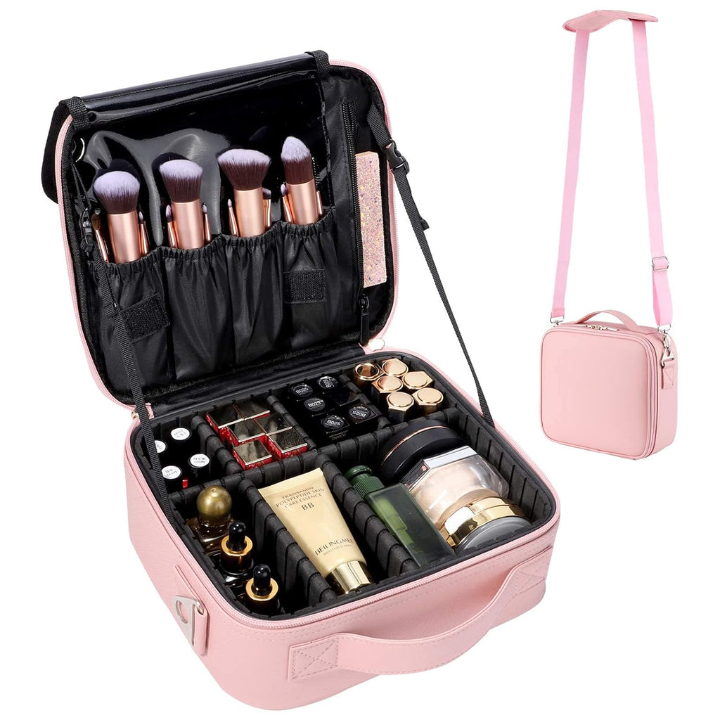 gzcz Travel Makeup Bag,Professional Cosmetic Bags for Women,Portable Makeup Brush Bag Organizer Storage with Adjustable Dividers and Shoulder Strap