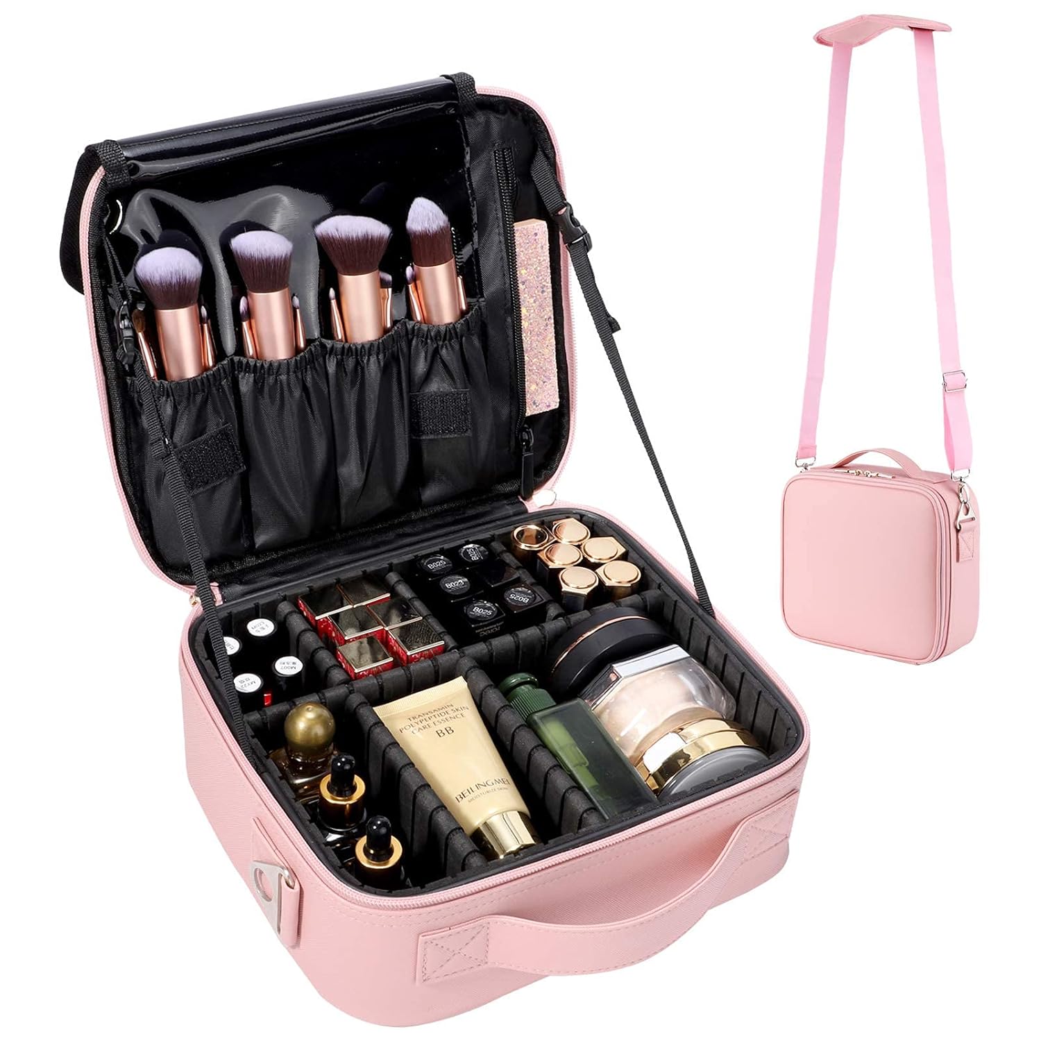 gzcz Travel Makeup Bag,Professional Cosmetic Bags for Women,Portable Makeup Brush Bag Organizer Storage with Adjustable Dividers and Shoulder Strap