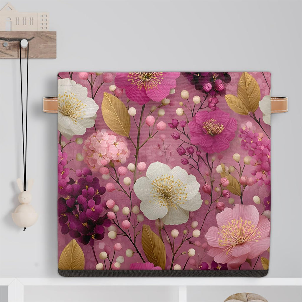 TropicalLife 13x13x13 Inch Large Fabric Storage Cube Pink Floral Print Foldable Storage Bin with Handles Organizer Boxes Cube Basket for Shelves Organizing Closet