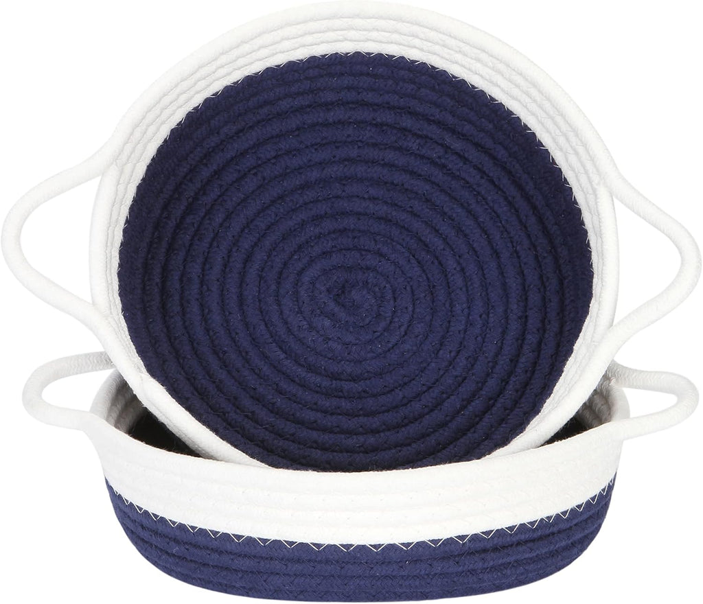 Sea Team 2-Pack Cotton Rope Baskets, 10 x 3 Inches Small Woven Storage Basket, Fabric Tray, Bowl, Round Open Dish for Fruits, Jewelry, Keys, Sewing Kits (Dark Blue & White)
