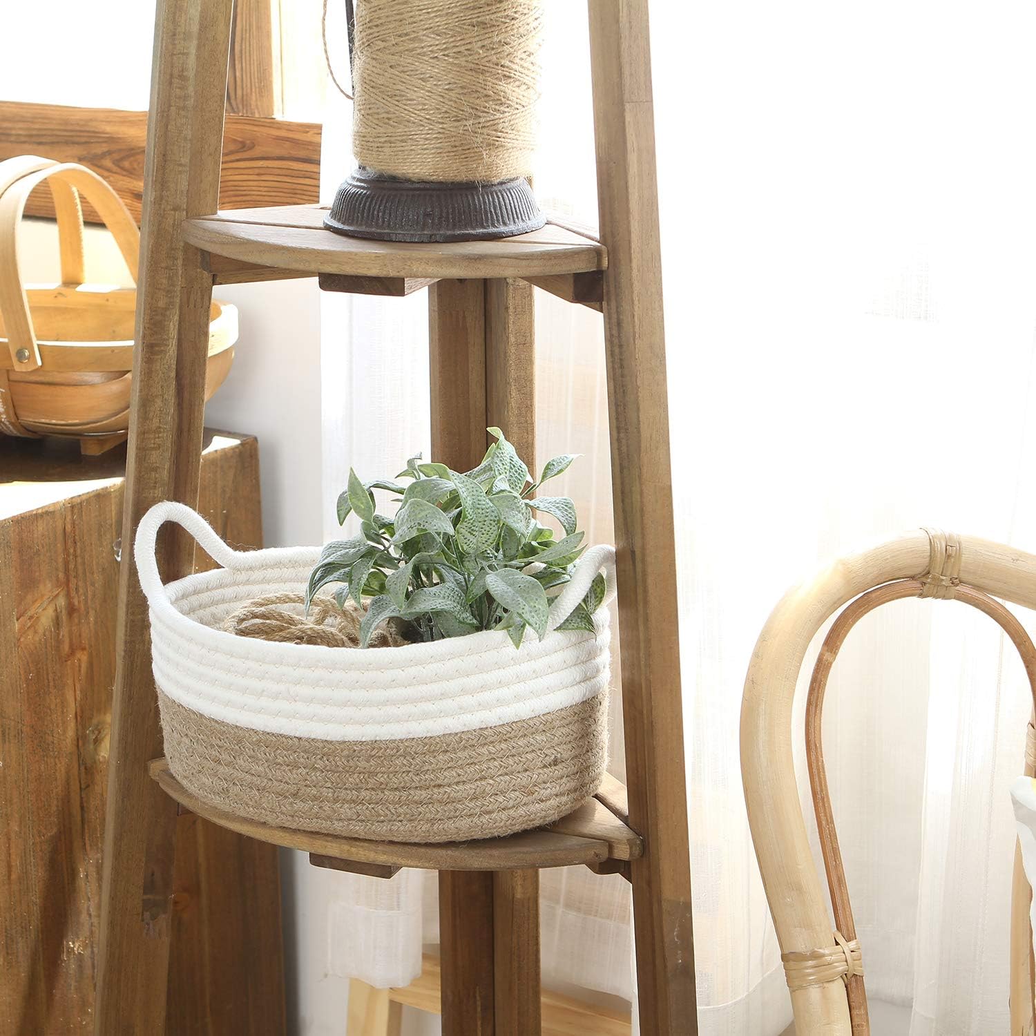 Sea Team 2-Pack Cotton Rope Baskets, 10 x 7 x 4 Inches Small Woven Storage Basket, Fabric Tray, Bowl, Oval Open Dish for Fruits, Jewelry, Keys, Sewing Kits (Flaxen & White)