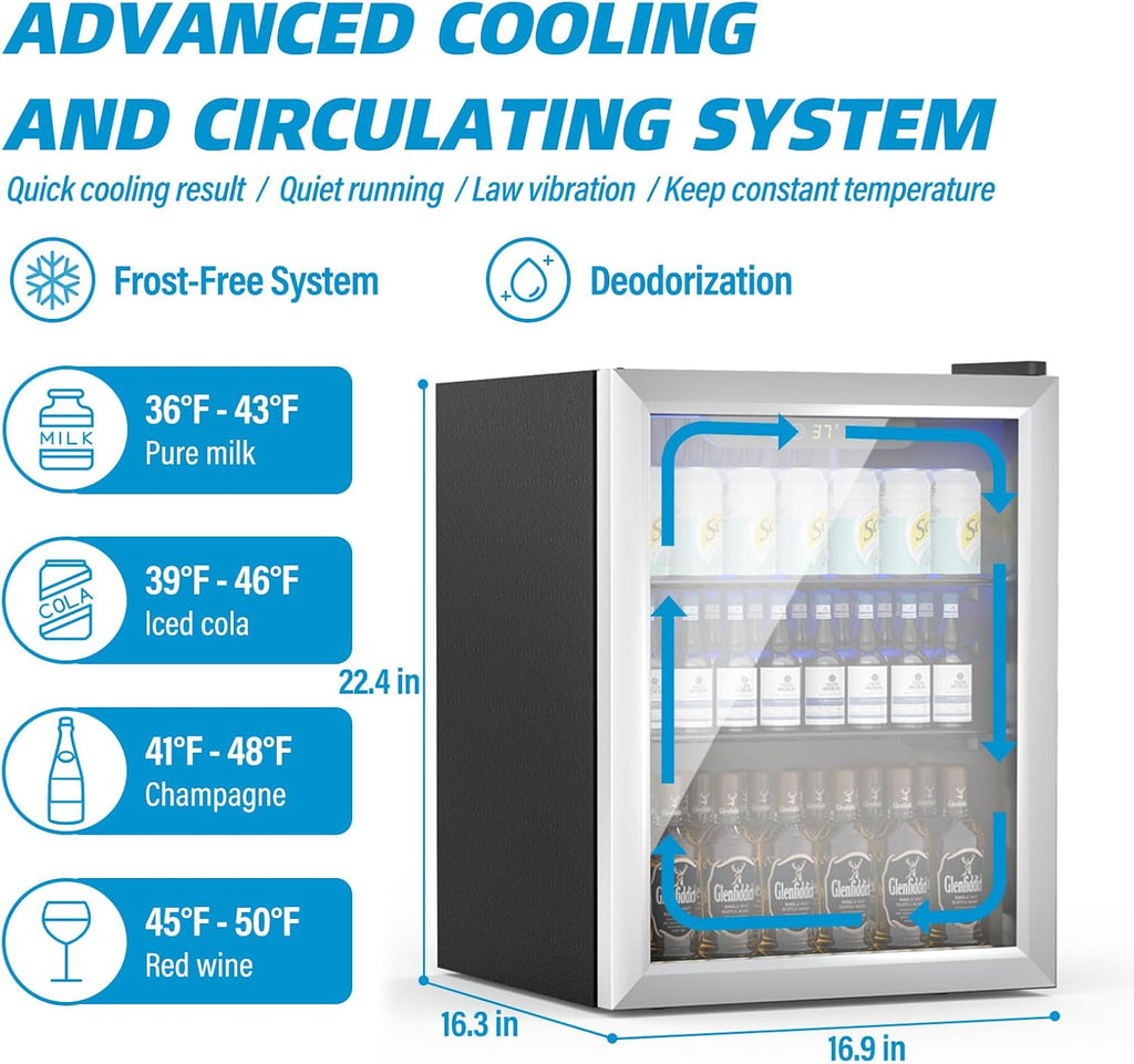 1.6 Cubic Feet Mini Fridge, 70 Can Freestanding Beverage Refrigerator with Glass Front Door for Soda, Beer Under Counter Small Refrigerator with Adjustable Shelves and Digital Display(Silver)