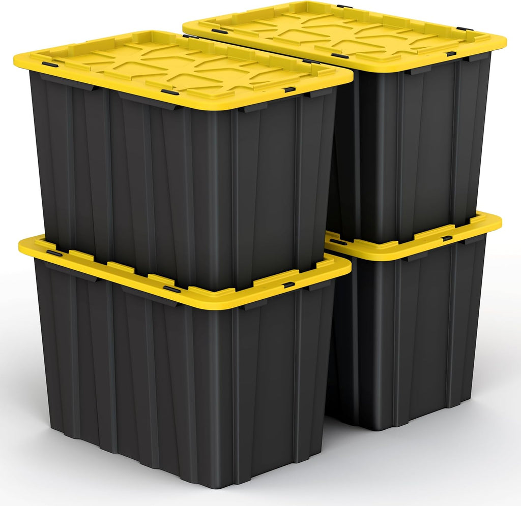 Lifetime Home 4 PACK of X-Large 23 Gallon Plastic Storage Bin Tote Organizing Container with Secure Latching Lids, Stackable, Extra Strength with Built in Handle - Black & Yellow