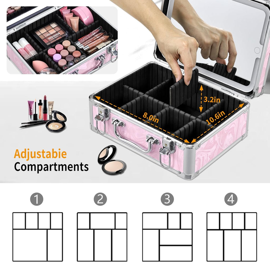 Makeup Case with LED Mirror - Pink Fluid-Color Makeup Box with Detachable Lighted Mirror, Travel Cosmetic Train Case Organizer with Adjustable Dividers and Tool Panel for Brushes