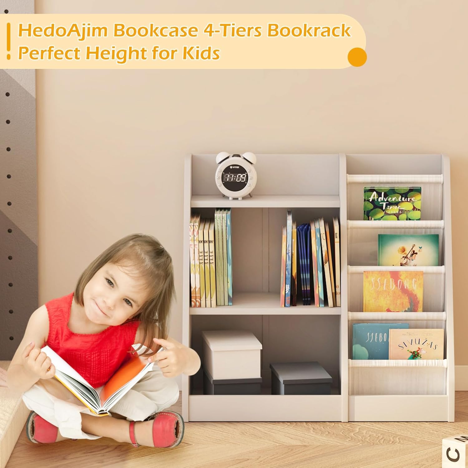 Gray Nursery Bookshelf for Kids 3 Tier Wood Shelf 4 Sling Baby Toddler Bookcase Book Rack with Adjustable Shelf for Boy Girl’s Gift Bedroom Playroom Nursery Classroom Church Kindergarten